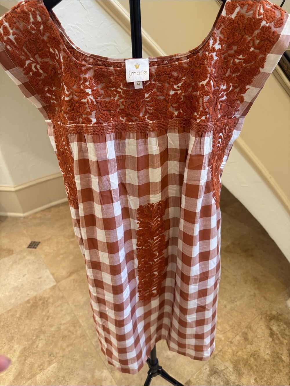 Burnt Orange Gingham Embroidered Sleeveless Shift Dress